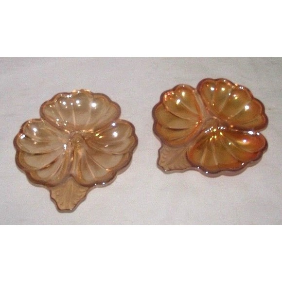 Jeannette Glass Iridescent 2 Leaf Dish Marigold Carnival Glass Clover Candy Nuts - Picture 6 of 6